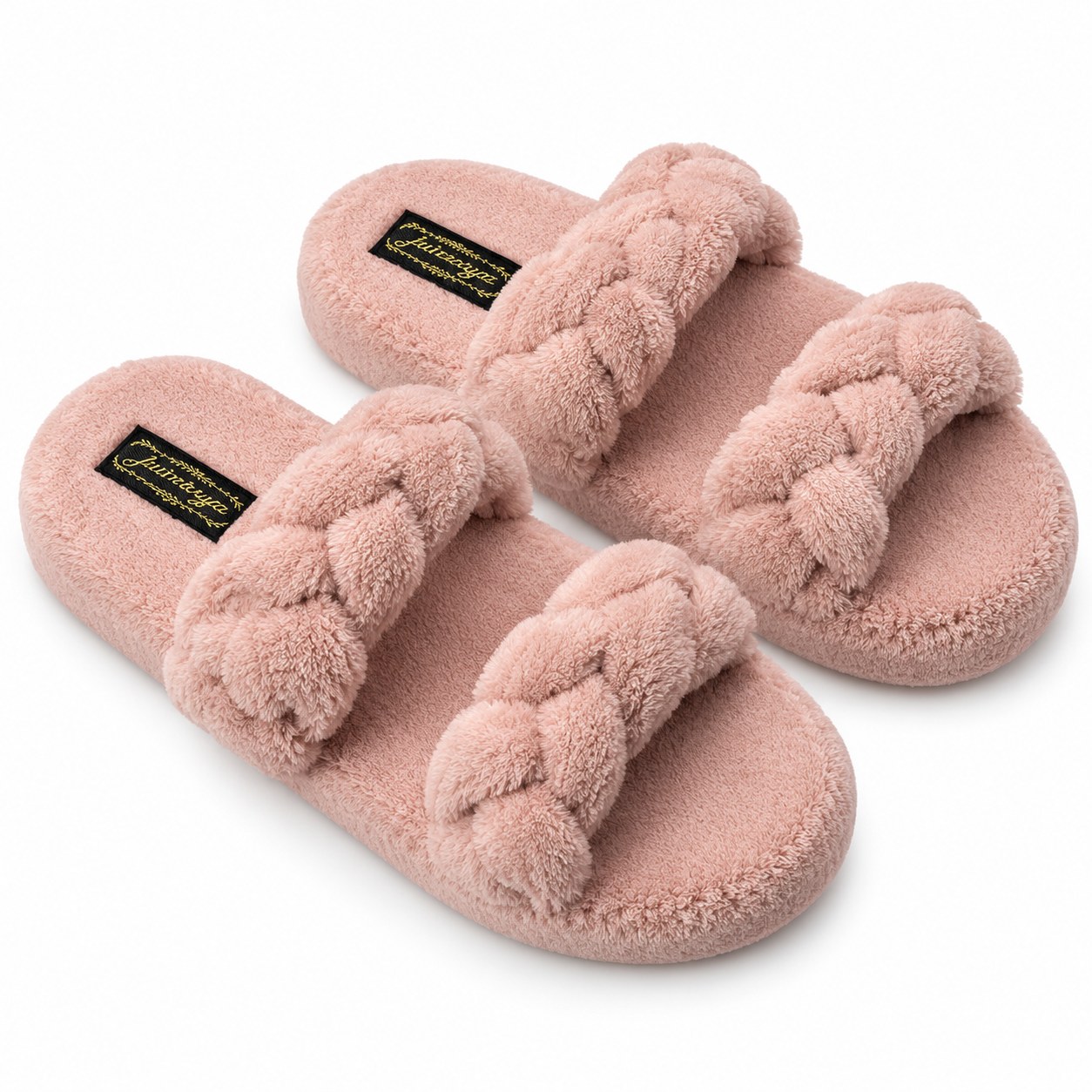 Blush pink slippers with two hand-braided straps