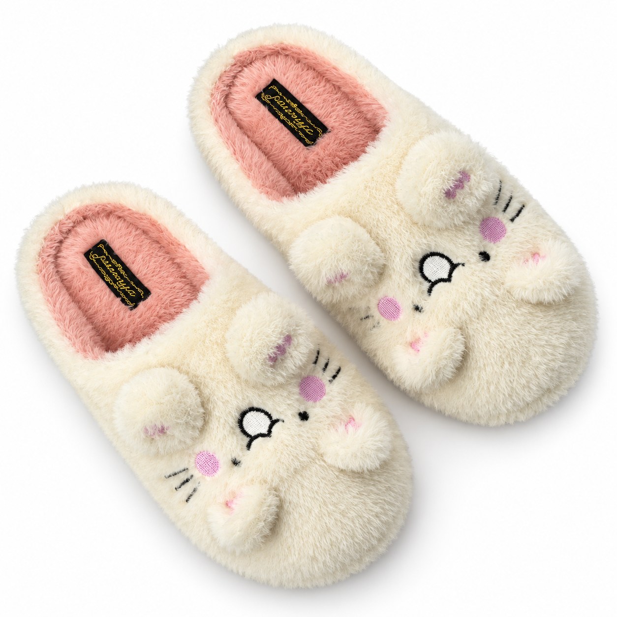 Cream cat slippers with pink lining and dimensional ears