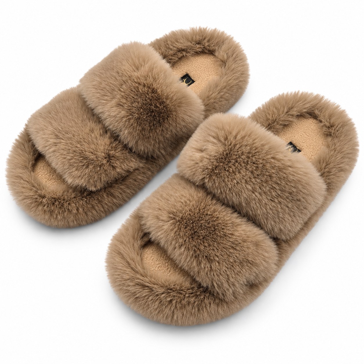 Taupe plush slippers with two broad fluffy straps